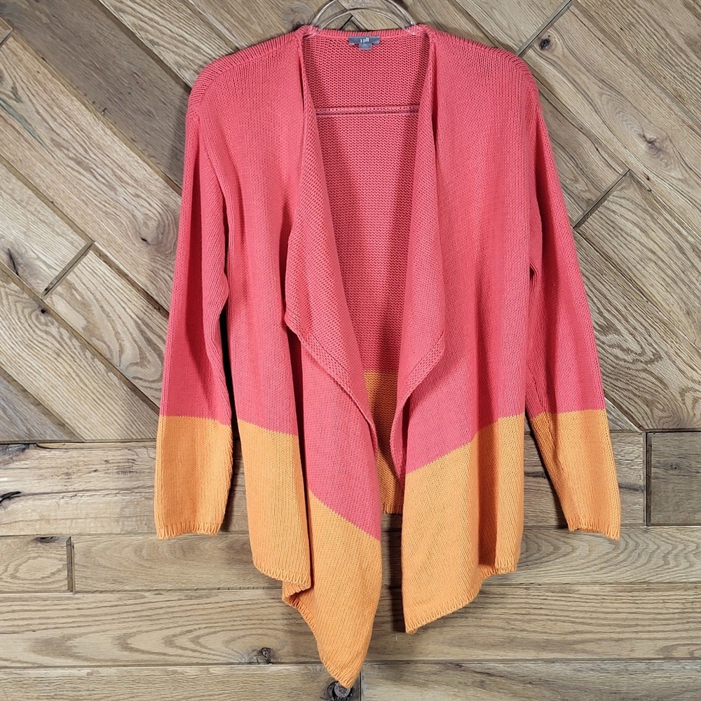 J. Jill Cardigan Sweater Womens Size M Petite Colorblock Open Front Coral Orange